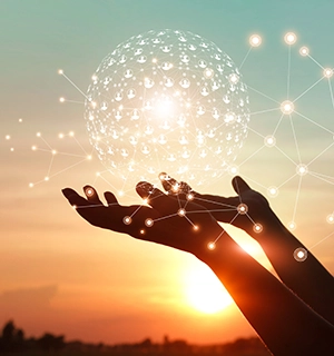 An image of hands held up open to a digital ball of user icons in front of a sunrise to represent organizational change management.