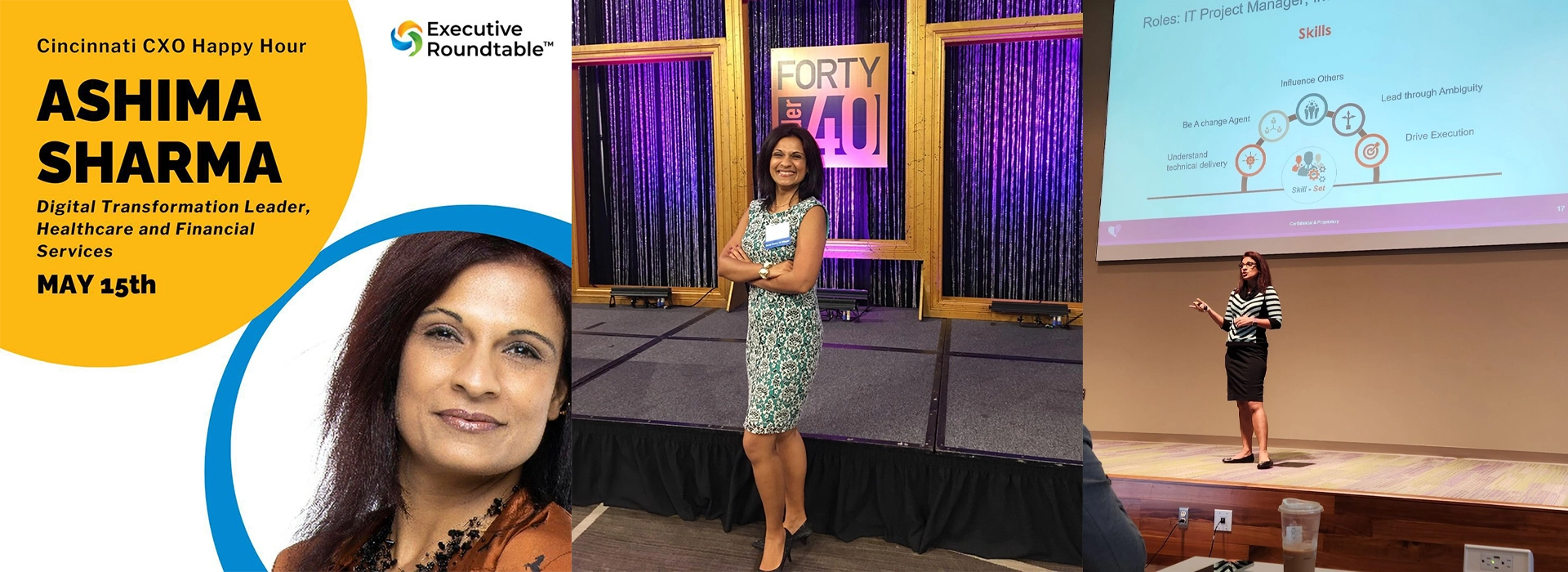 Three photos of Ashima Sharma during Digital Leadership events.